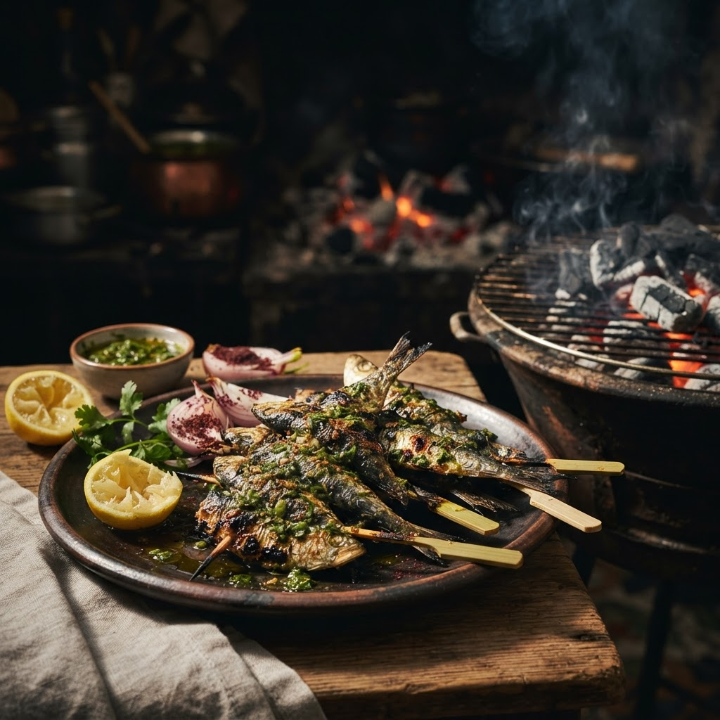 Grilled Sardine Skewers, a street food dish from Essaouira
