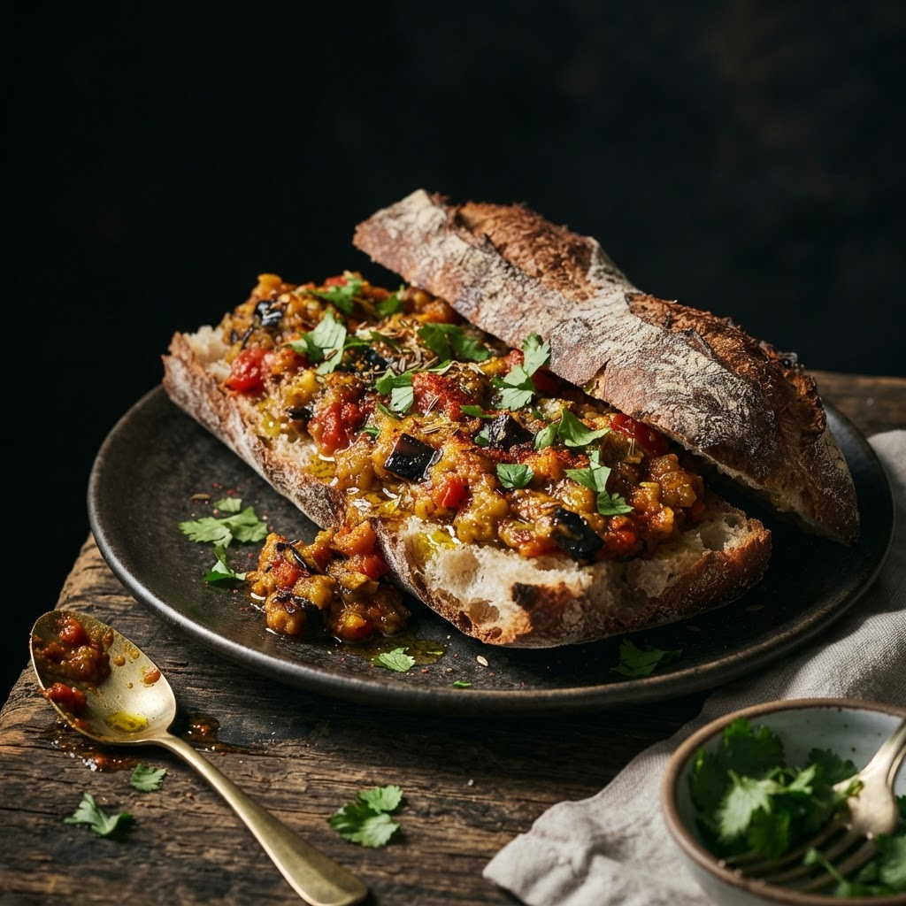Zaalouk Baguette, a street food dish from Rabat
