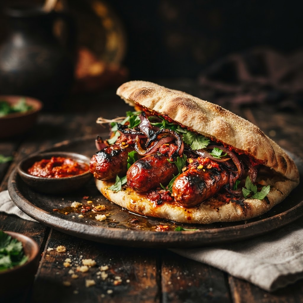Merguez in Khobz, a street food dish from Algiers